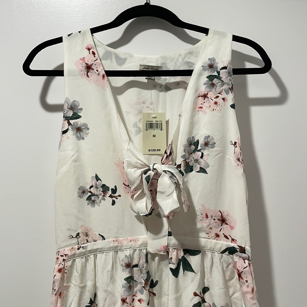 Lucky Brand NWT midi medium dress white with flowers 100% silk